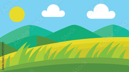Lush Cartoon Paddy Field Under a Bright Clear Sky Vector illustration Background
