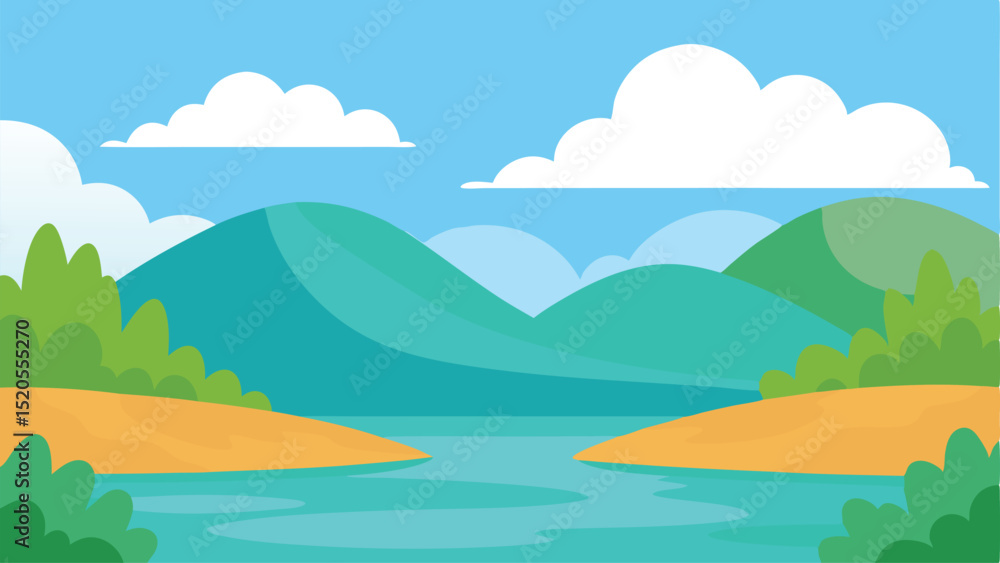 Fototapeta premium Peaceful Cartoon Lake View Under Soft White Clouds Vector illustration Background