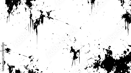 Black Ink Drips and Splatter Texture, Abstract Grunge Dripping Paint Background on White