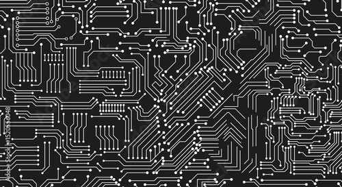 Electronic circuit board close up. Motherboard digital chip. High-tech technology background. Vector illustration.