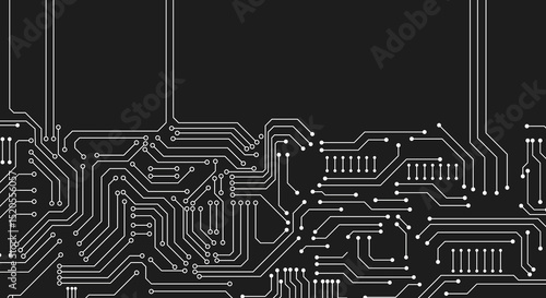 Electronic circuit board close up. Motherboard digital chip. High-tech technology background. Vector illustration.