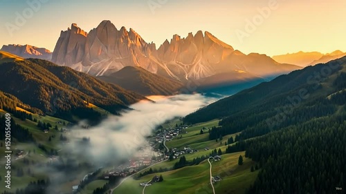 A stunning aerial view captures a misty mountain valley at sunrise, with a village nestled below jagged, glowing peaks, surrounded by lush green slope Full HD Quality 8 seconds 