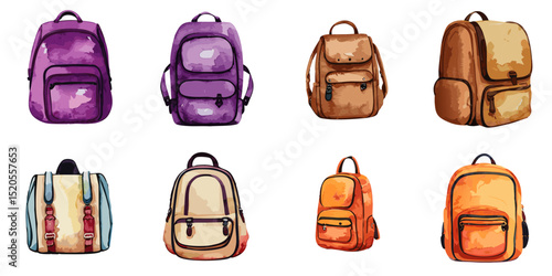 Multiple vector illustration travel backpacks, watercolor style