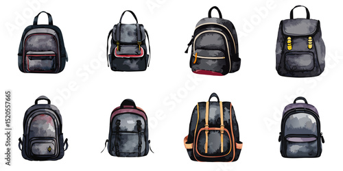Multiple vector illustration black backpacks, watercolor style