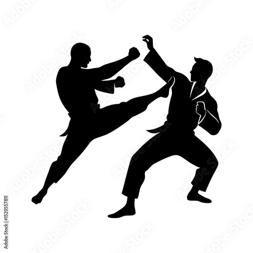 Silhouette of two martial artists engaged in a kickboxing match sparring