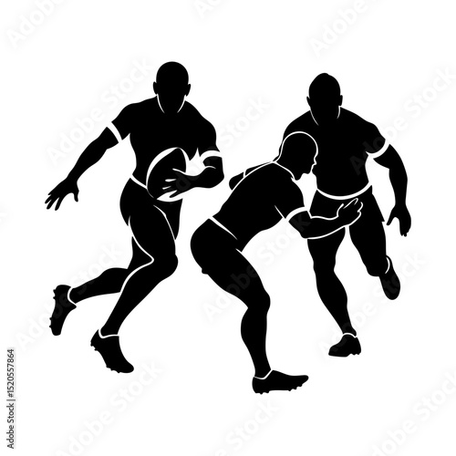 Silhouette of three rugby players in action with one holding the ball