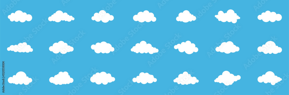 Set of white cloud shapes. Abstract white cloudy collection isolated on blue background. Big vector set of twenty-one cloud icon Set of white cloud shapes. Abstract white cloudy collection isolated on blue background. Big vector set of twenty-one cloud icon