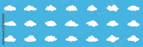 Set of white cloud shapes. Abstract white cloudy collection isolated on blue background. Big vector set of twenty-one cloud icon