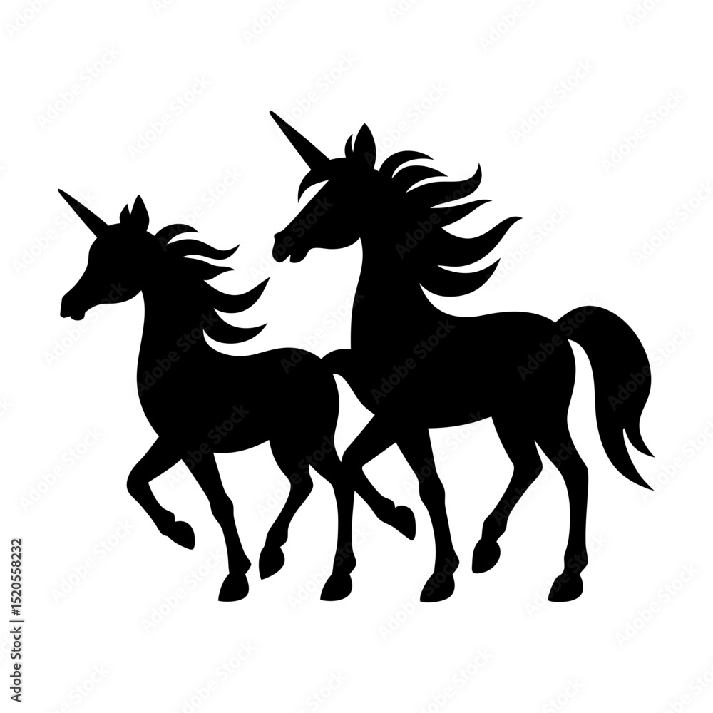 Silhouette of two unicorns standing next to each other on white background Silhouette of two unicorns standing next to each other on white background