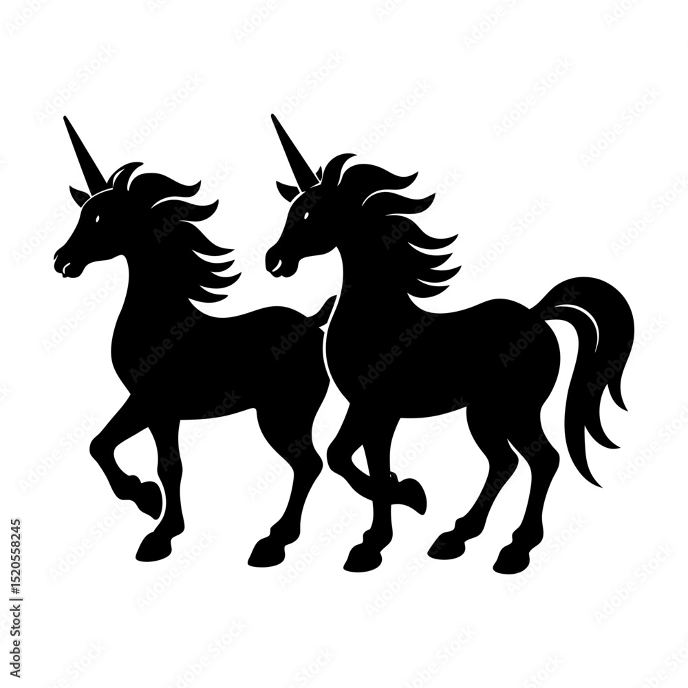 Silhouette illustration of two unicorns walking side by side in black Silhouette illustration of two unicorns walking side by side in black