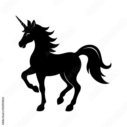 Silhouette of a unicorn with flowing mane and tail in a prancing pose