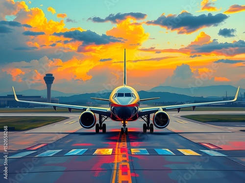 Passenger airplane on run way, Generative AI Illustration.