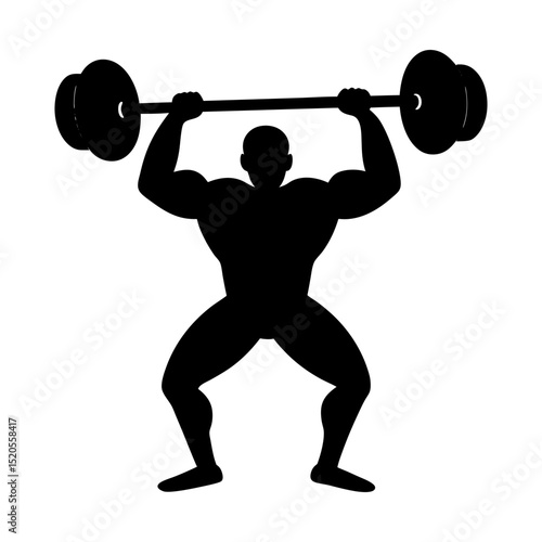 Silhouette of a muscular weightlifter lifting a barbell overhead pose