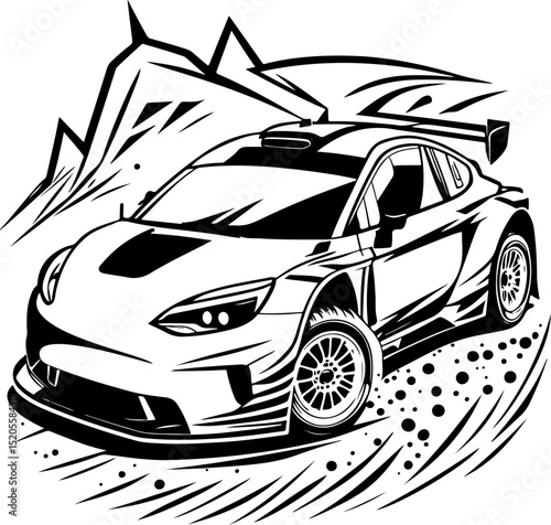 Sketchy sport emblem of racing car on a turn of a gravel track in monochrome. Engraving minimalistic vector in black ink drawing on transparent background