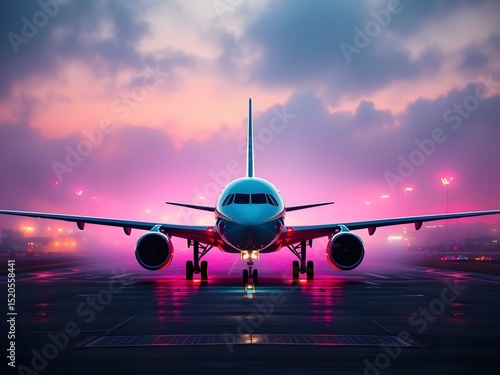 Passenger airplane on run way, Generative AI Illustration.
