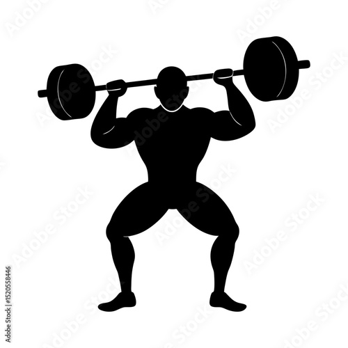 Silhouette of a muscular man lifting a barbell overhead in a squat position