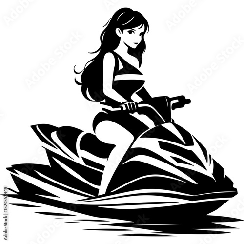Sketchy emblem of cute young girl in swimsuit sits on jet ski front view in monochrome. Engraving minimalistic vector in black ink drawing on transparent background