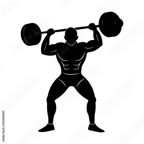 Silhouette of a muscular man lifting a barbell overhead in a weightlifting stance