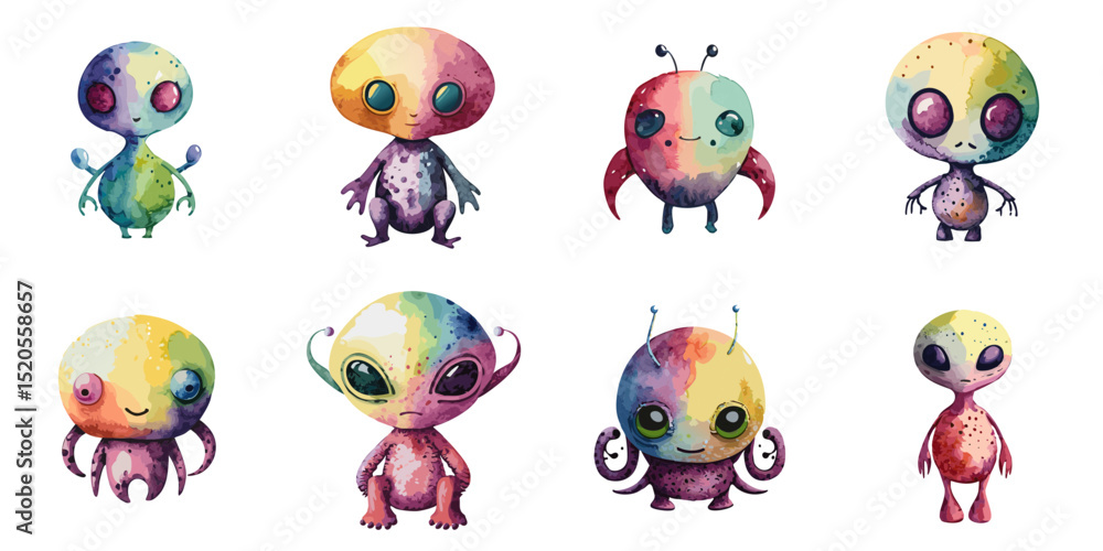 Obraz premium Multiple vector illustrations rainbow color aliens, watercolor style