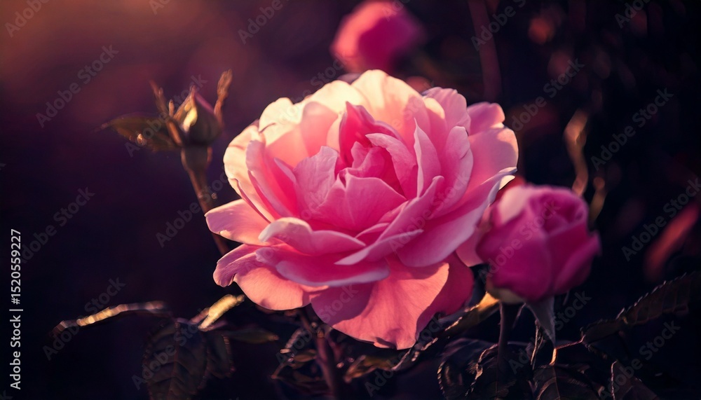 Obraz premium Beautiful rose flower in nature outdoors in pink sunlight on dark background, soft selective.jpg