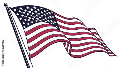 Waving american flag with stars and stripes on a pole against a white background in a simple illustration