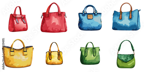 Multiple vector illustration color bags, watercolor style