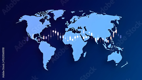 Wallpaper Mural Global Market Analysis A World Map Overlayed with Financial Candlestick Charts Indicating Worldwide Economic Trends and Investment Opportunities on a Dark Blue Gradient Background Representing Torontodigital.ca