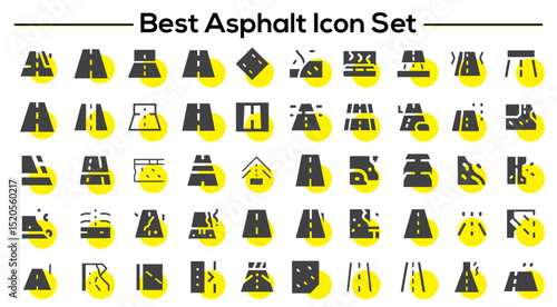 Best Asphalt Icon Set. Vector black car road icons set. Highway symbols. Road signs. Road icon set. Containing street, highway, traffic light, signpost icons .