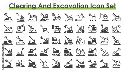 Clearing and excavation Icon Set, Creative vector, web and print Icon Design. Clearing and excavation Icon Set, Crawler dozer icon on white. Snow Removal Icons. Storm and Disaster Cleanup 