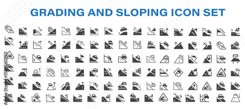 Grading and sloping Icon Set, Creative vector, web and print Icon Design. Vector illustration, Road icon set. Containing street, highway, traffic light, signpost, directions, parking, route, GPS