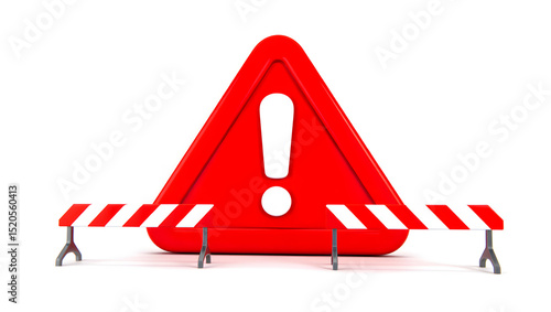 A Red Exclamation Point Warning Sign Behind a Red and White Striped Barrier Indicating Danger or Restriction Isolated on a Clean White Background in a