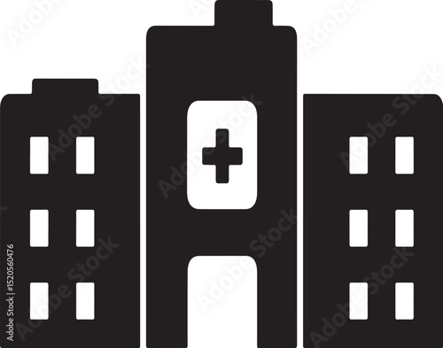 Black and white silhouette illustration of a modern hospital building with cross symbol