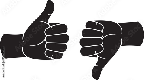 Thumbs up and down gestures silhouetted on white background symbolizing agreement and disagreement