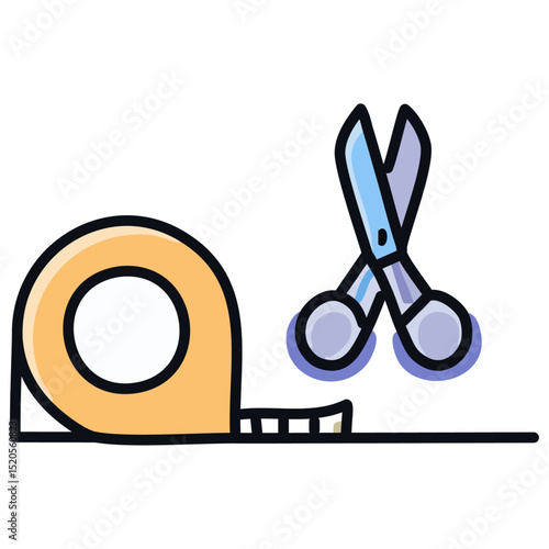 A pair of scissors and a tape dispenser placed side by side. 