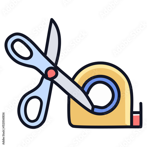 A pair of scissors and a tape dispenser placed side by side. 