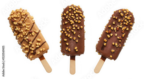 Three ice cream bars with chocolate and nuts on sticks against transparent backdrop