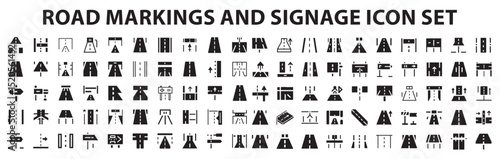  Road markings and signage Icon Set, Creative vector, web and print Icon Design. Maps and Navigation icon set with map, navigation, gps, compass, directions, route, path, destination, location icons