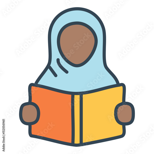 A woman in a stylish hijab and flowing abaya, holding a book. 