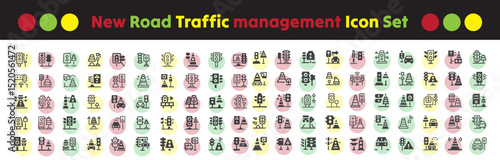 New Road Traffic Management Icon Set, Creative Vector, web and Print Icon Design. Maps and Navigation icon set with map, navigation, gps, compass, directions, route, path, destination, location icons