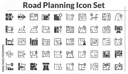 Road Planning Icon Set, Creative Vector, Web and Print Icon Design. Maps and Navigation icon set with map, navigation, gps, compass, directions, route, path, waypoint, destination and location icons.