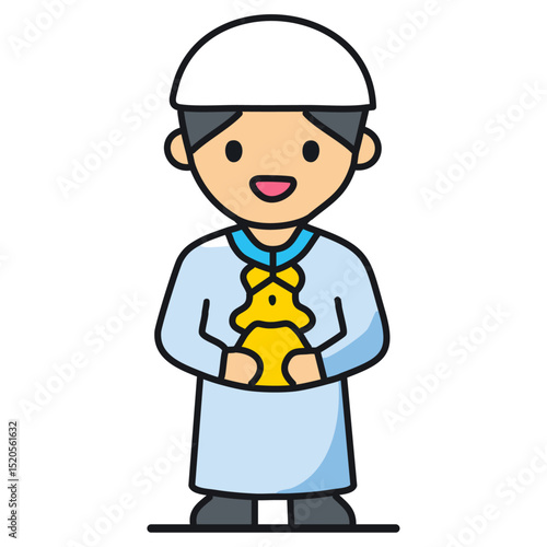 A young boy in a simple thobe and kufi, holding a toy. 