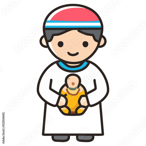 A young boy in a simple thobe and kufi, holding a toy. 