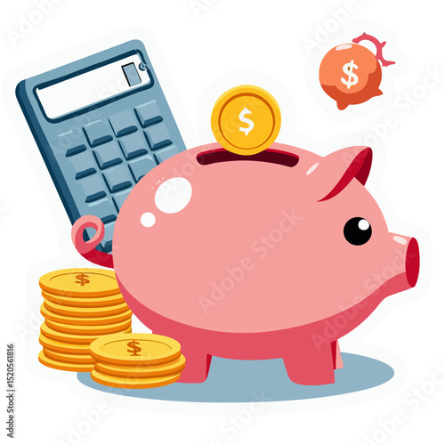 Piggy Bank, Calculator, and Coins Representing Financial Savings and Planning.