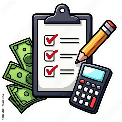 Colorful Checklist with Money and Calculator for Financial Planning