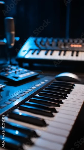Close-up of a keyboard in a music studio setup