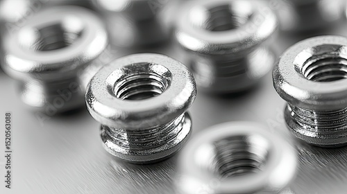 Close-up view of numerous metal threaded inserts.