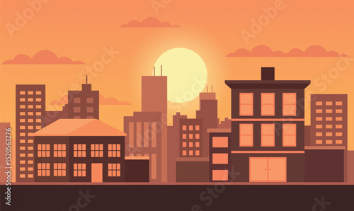 Cityscape in Evening Glow with Buildings Lit Against a Softly Darkening Urban Sky