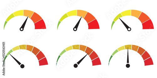 Speed metering icon vector illustration isolated on white background. Green yellow and red, low and high barometers. Normal, Medium and High speed measurement tool. Variety speedometer indicator level