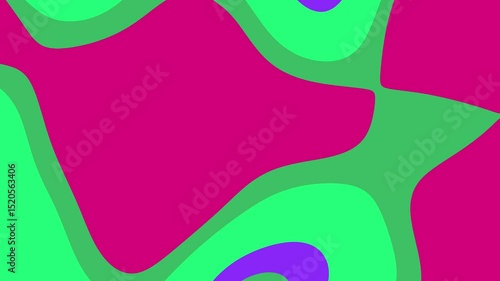 Abstract colorful shapes in vibrant green and purple against a bold pink background