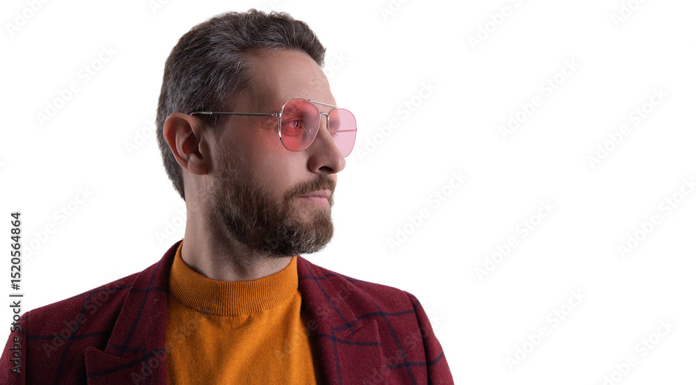 Fototapeta premium Mature and stylish. Man wear trendy menswear. Male fashion style. Casual trendy look. Trendy man model isolated on white. Hispanic man in sunglasses and jacket. Fashion conscious guy